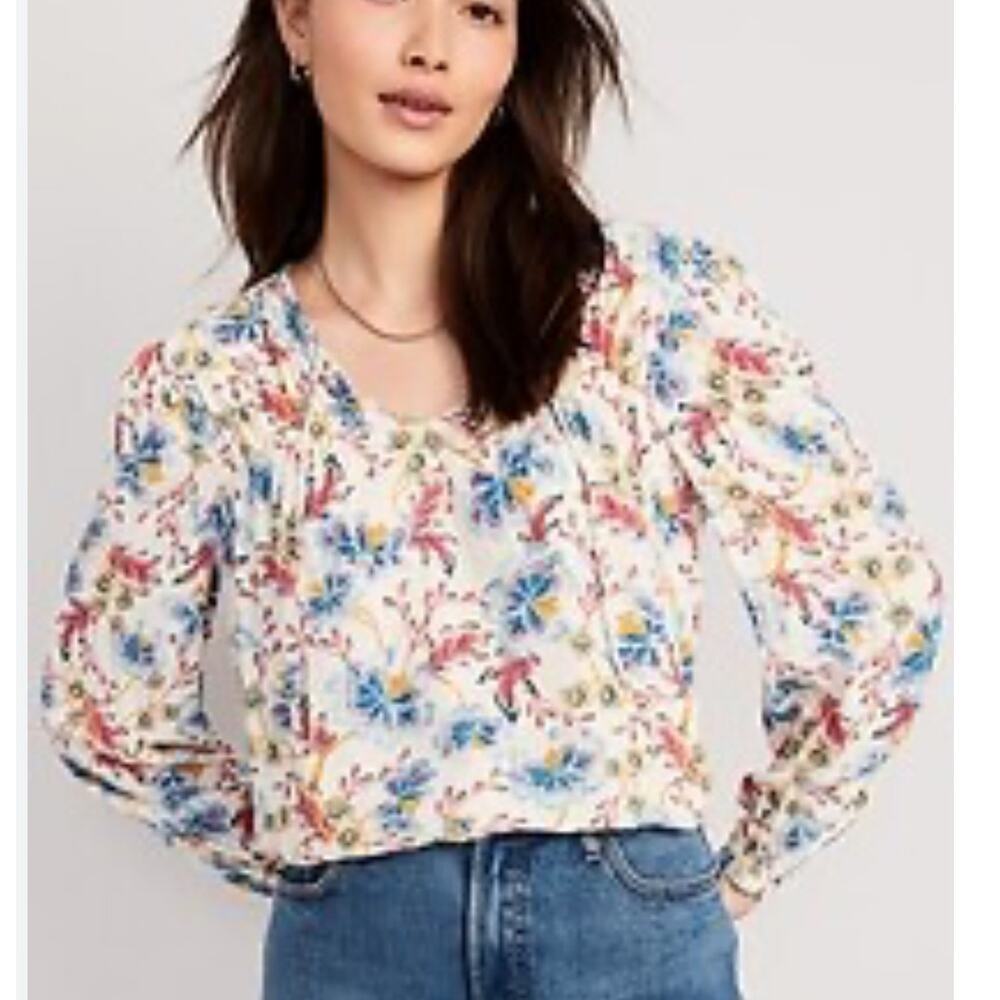 Old Navy Poet Top Womens XXL Floral Balloon Sleeve Crinkled Smocked Swing Blouse